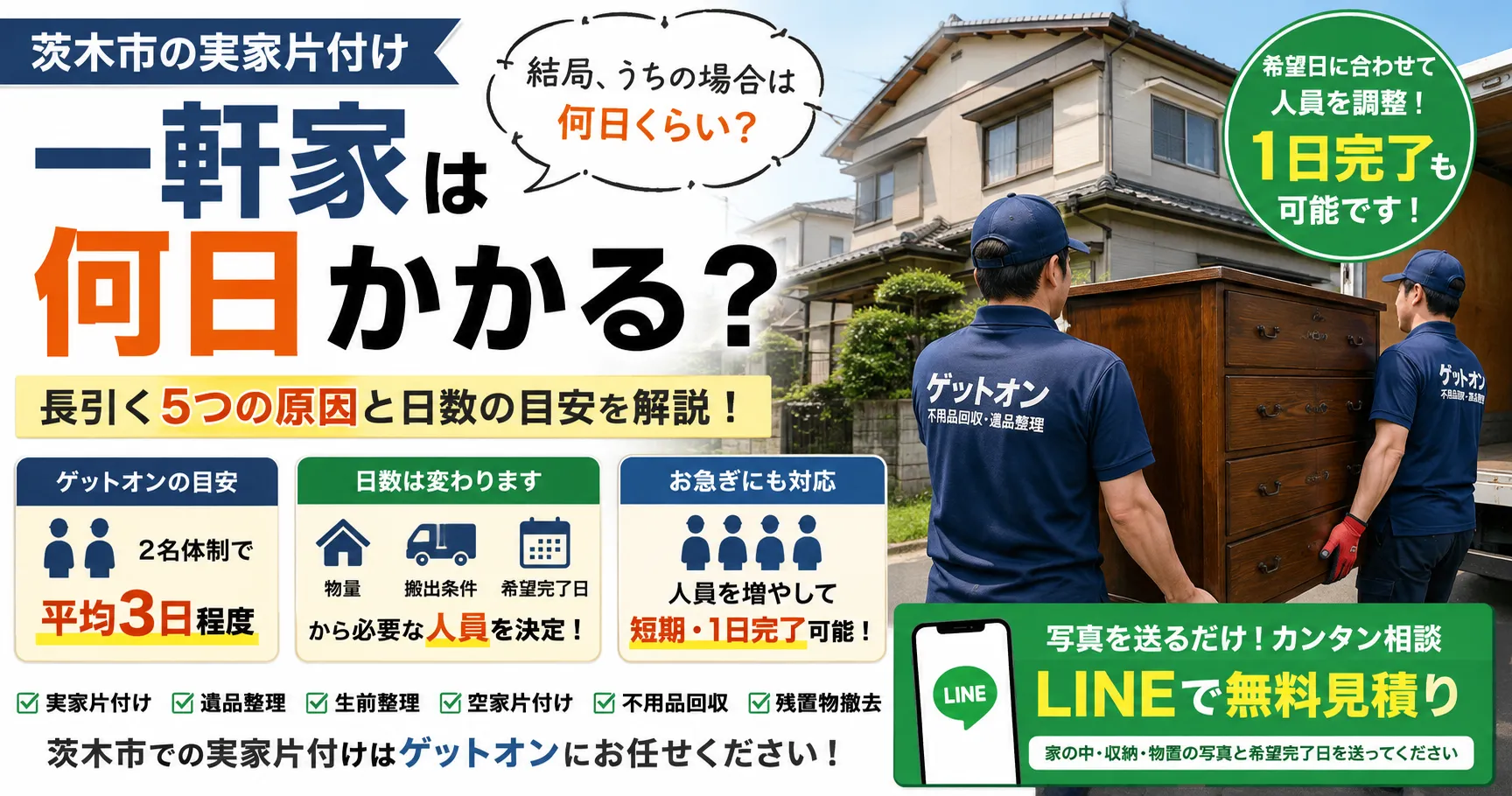 茨木市の実家片付け｜一軒家は何日かかる？